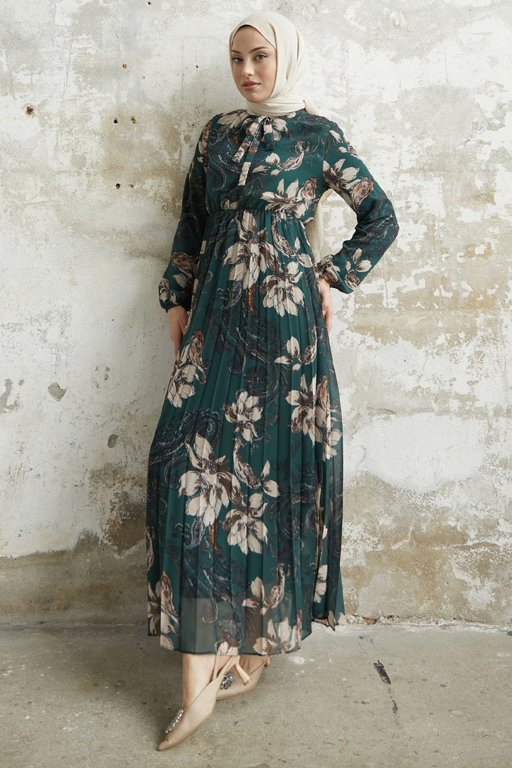 MDS Women Serena Flower Pattern Pleated Chiffon Dress - Green - Saint-Maur-des-Fossés