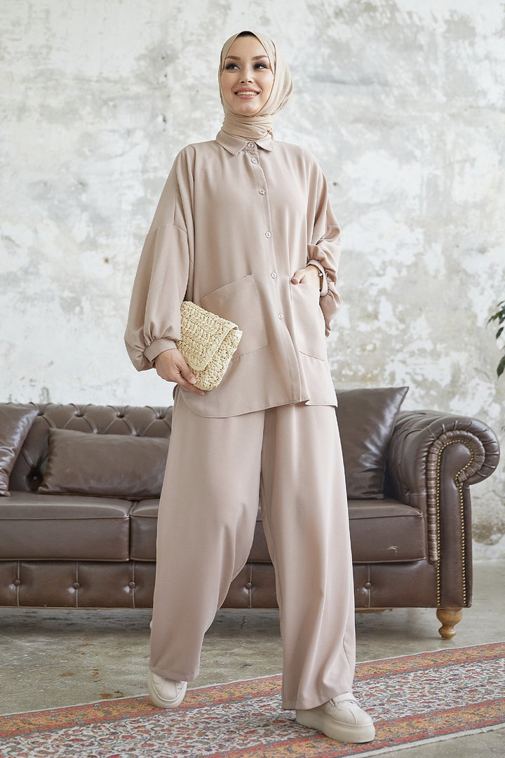 MDS Women Muno Balloon Sleeve Casual Set - Beige - Anchorage