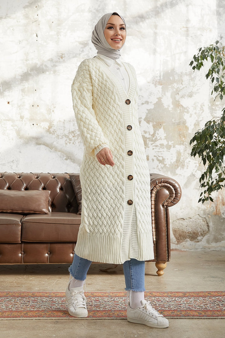 MDS Women Arene Long Braided Buttoned Cardigan - White - O Fallon