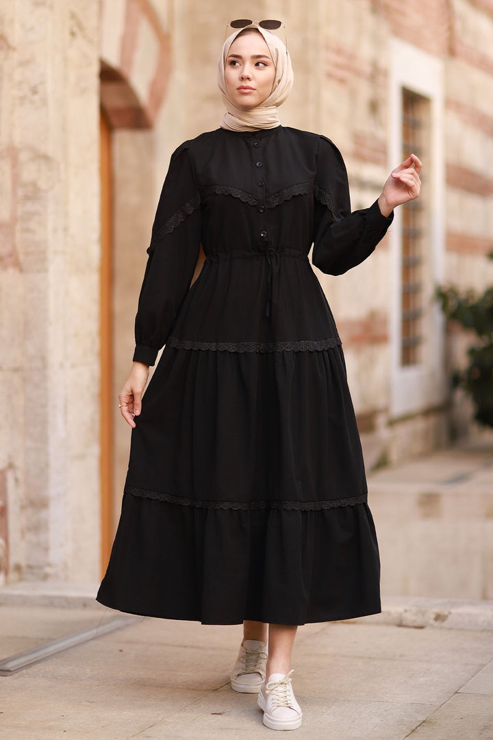MDS Women Guipure Detail Balloon Sleeve Dress - Black - Battipaglia