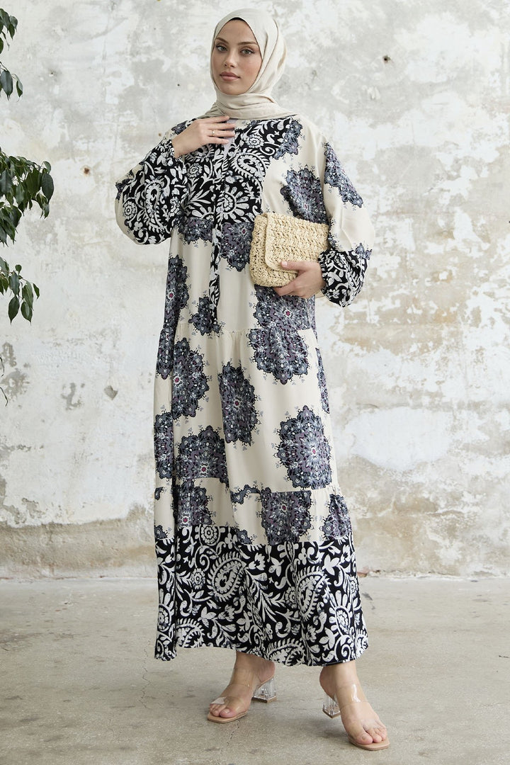 MDS Women Patterned Shawl Collar Dress - Black - Franklin