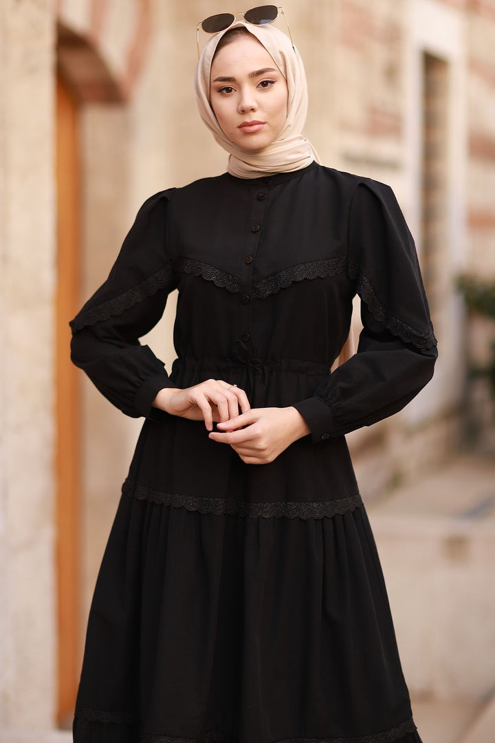 MDS Women Guipure Detail Balloon Sleeve Dress - Black - Battipaglia