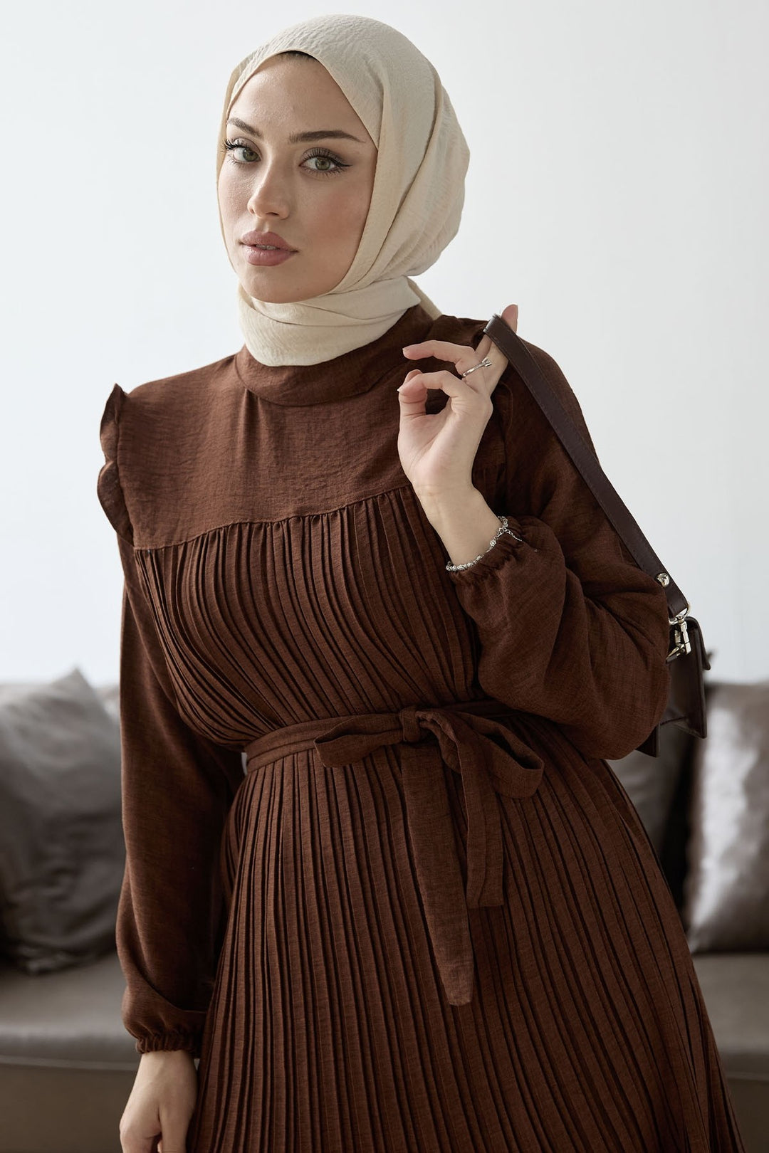 MDS Women Front Pleated Ruffle Detail Set - Brown - Keratsíni