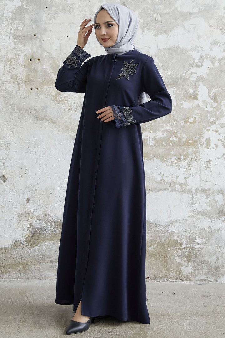 MDS Women Sleeve Embroidered Abaya with Stones - Navy Blue - Melton