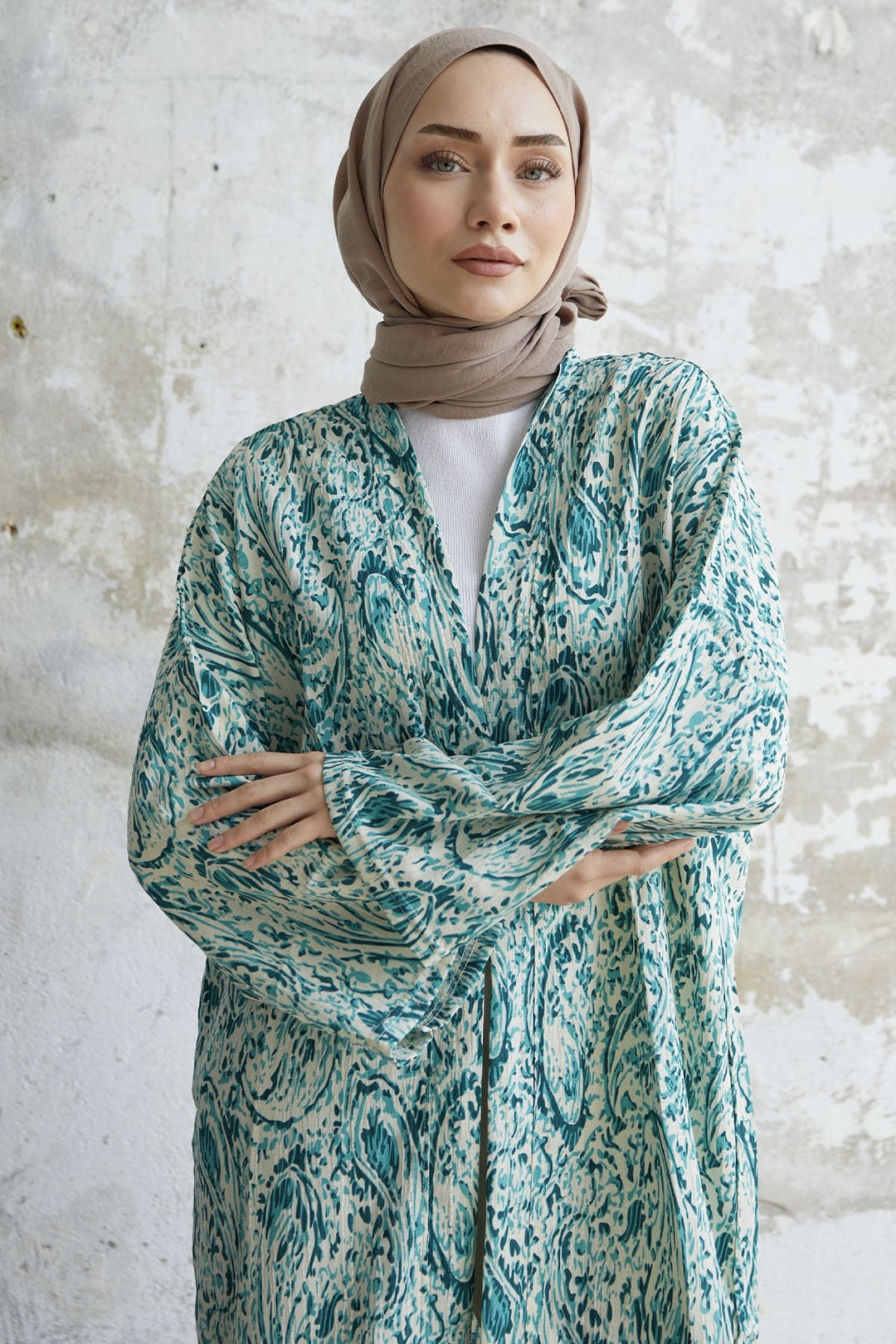 MDS Women Spiral Patterned Long Kimono - Green - Lancaster