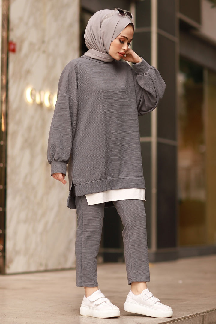 MDS Women Balloon Sleeve Two Piece Set - Gray - Orange