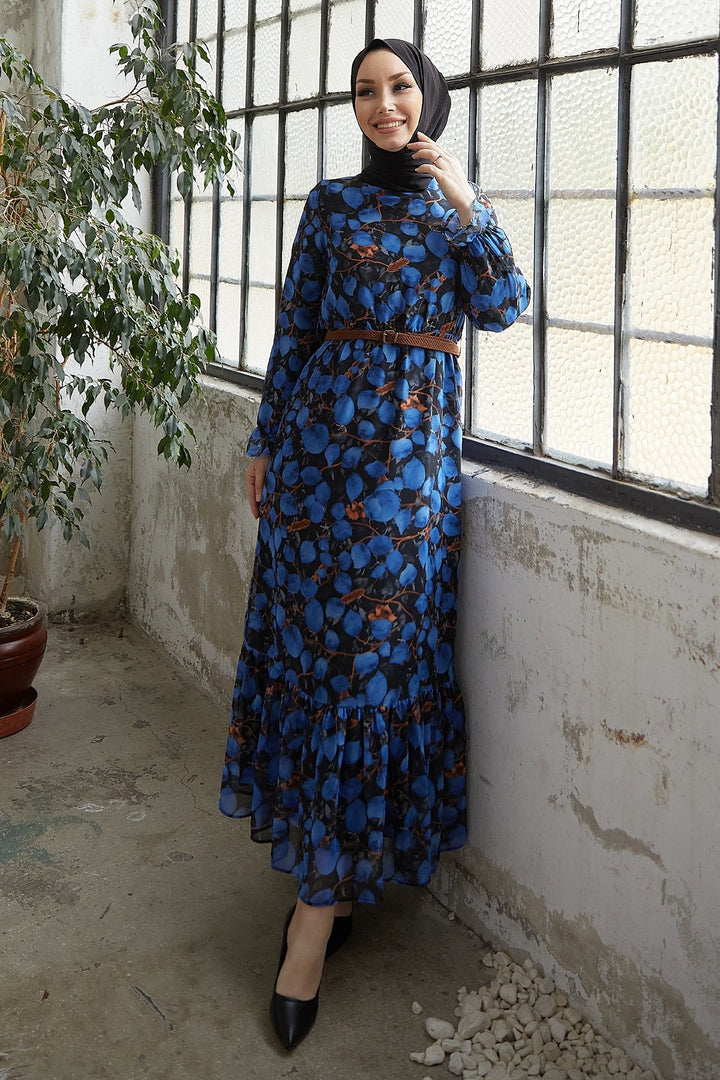 MDS Women Droplet Patterned Belted Chiffon Dress - Blue - El Dorado