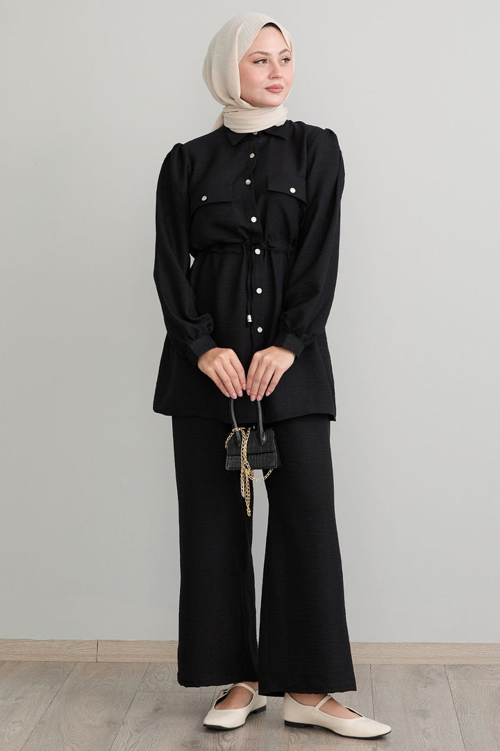MDS Women Tunnel Arched Black Linen Suit - Beauvais