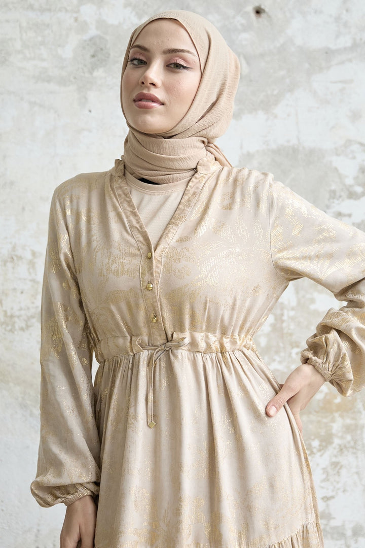 MDS Women Gold Flower Leaf Dress - Beige - Dallas