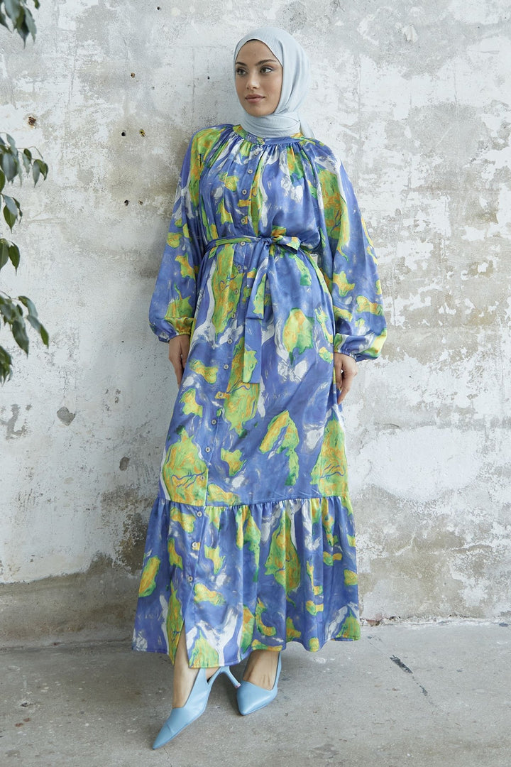 MDS Women Marbled Patterned Satin Dress with Belt - Indigo - Urmston