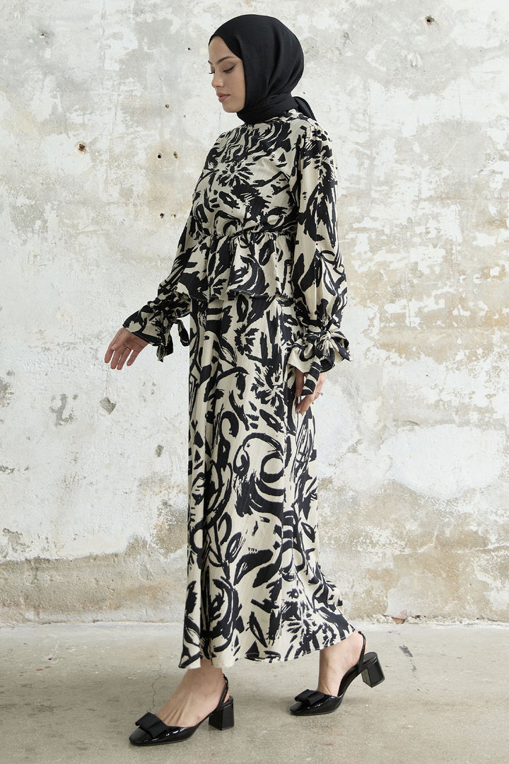 MDS Women Sleeve Tied Patterned Skirt Suit - Black - Beveren