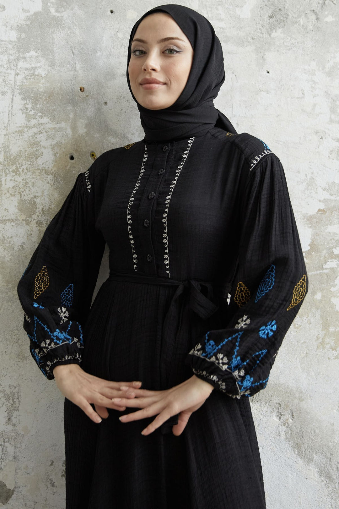 MDS Women Waffle Dress with Embroidered Sleeve - Black - Golden Glades