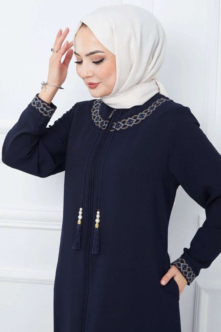 MDS Women Embroidered Pattern Honeycomb Fabric Abaya - Navy Blue - Waterbury