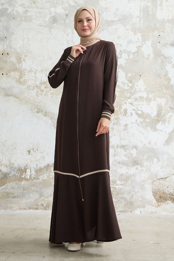 MDS Women Hazel Striped Patterned Ribbed Bitter Coffee Abaya - Quinte West