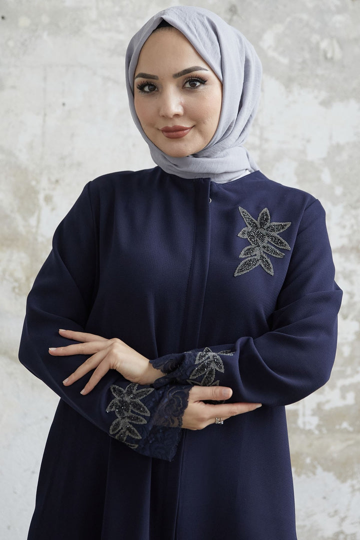MDS Women Sleeve Embroidered Abaya with Stones - Navy Blue - Melton