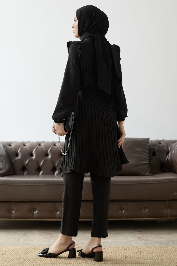 MDS Women Front Pleated Ruffle Detail Set - Black - Clichy