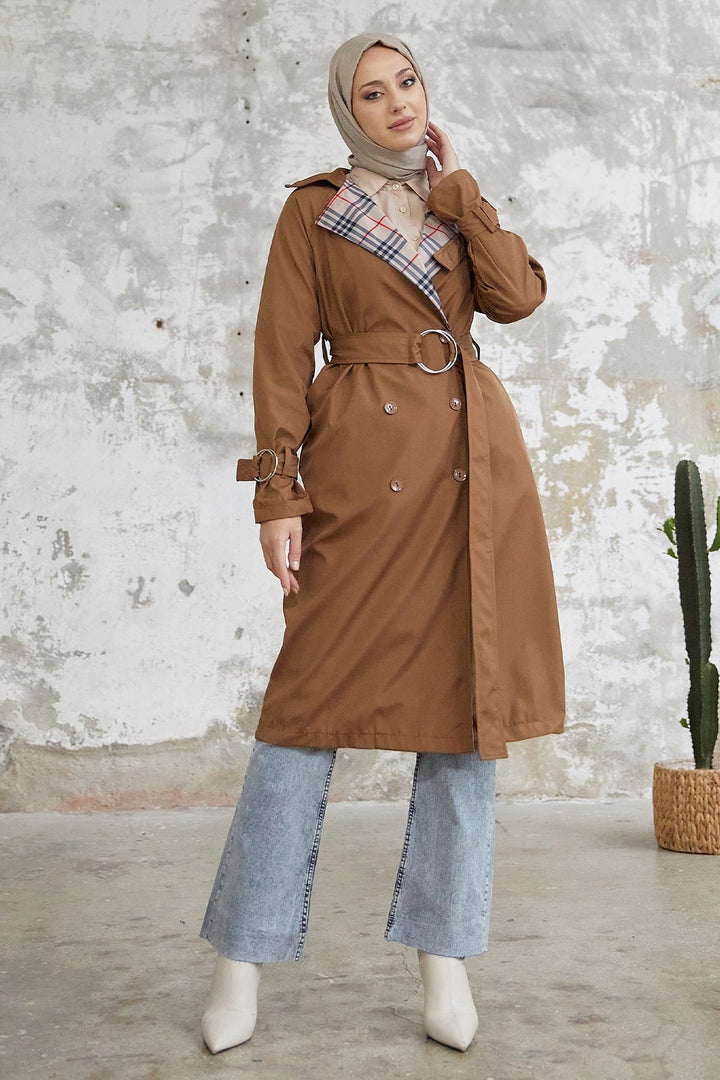 MDS Women Eleta Double-Breasted Checkered Trench Coat - Tan - Laeken