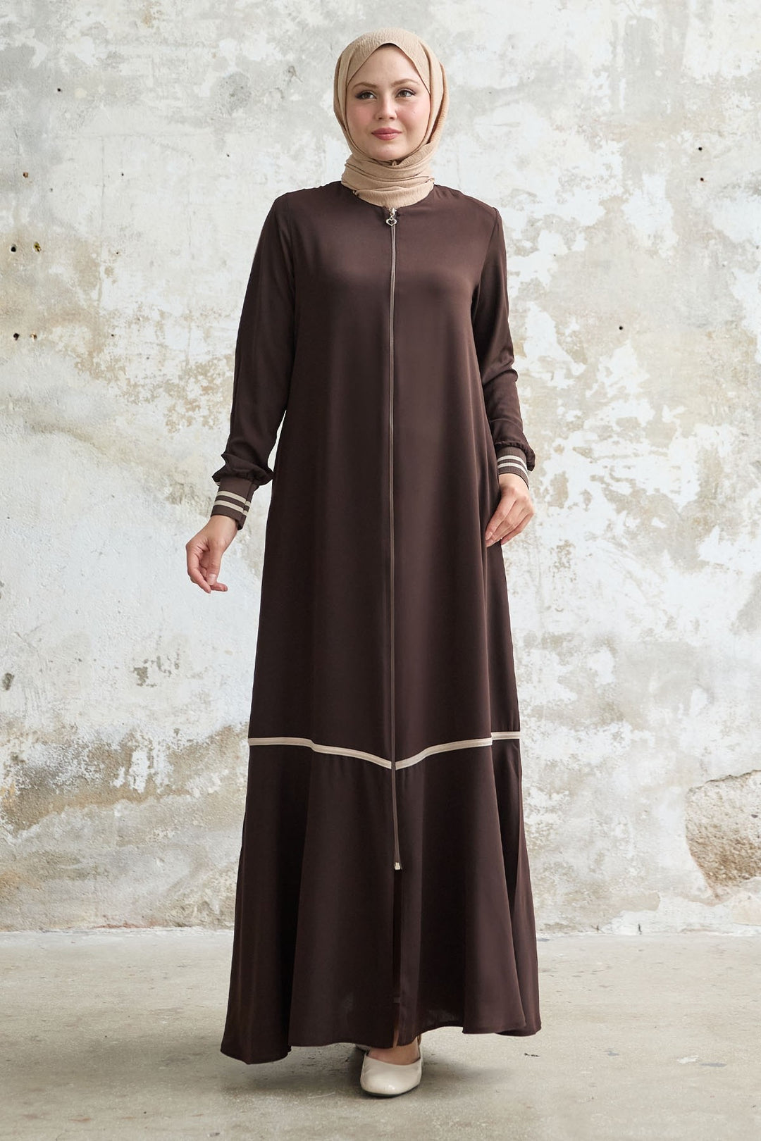 MDS Women Hazel Striped Patterned Ribbed Bitter Coffee Abaya - Quinte West