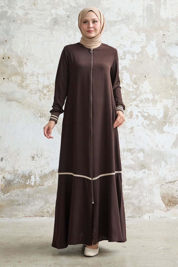 MDS Women Hazel Striped Patterned Ribbed Bitter Coffee Abaya - Quinte West