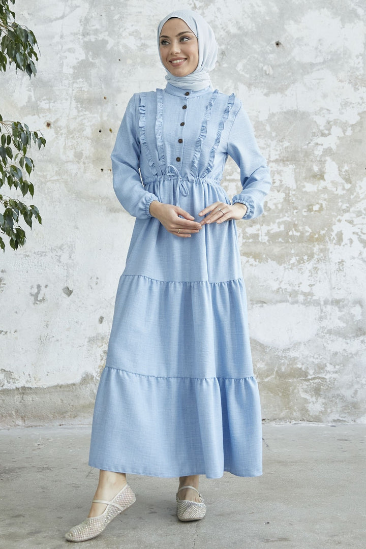 MDS Women Frilly Detail Buttoned A-line Dress - Baby Blue - Villajoyosa