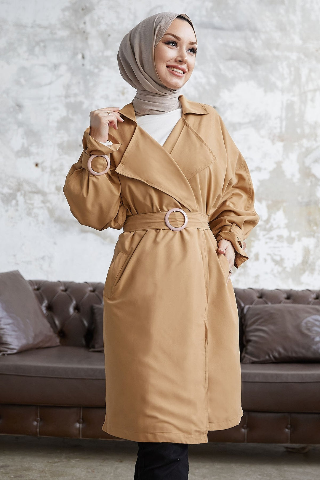 MDS Women Double-Breasted Ring Detail Slouchy Trench Coat - Beige - Brasschaat