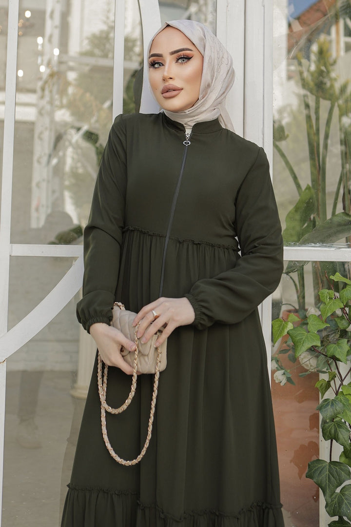 MDS Women Pleated Detail Zippered Abaya - Khaki - Orange