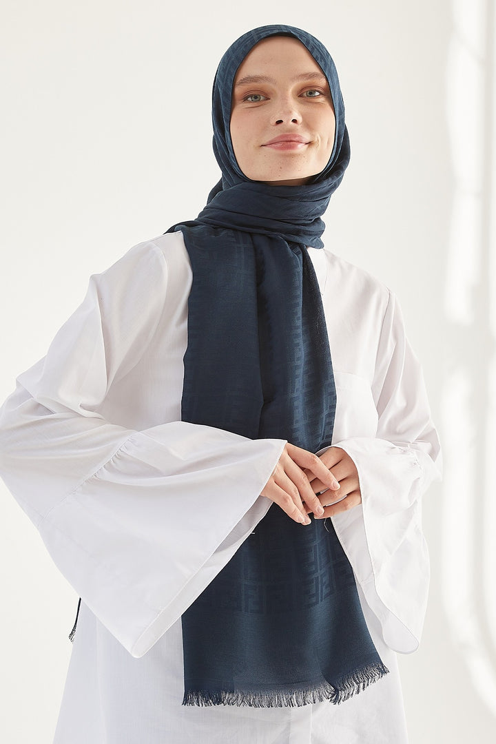 MDS Women Handwoven Jacquard Cotton Scarf - Navy Blue - Middletown