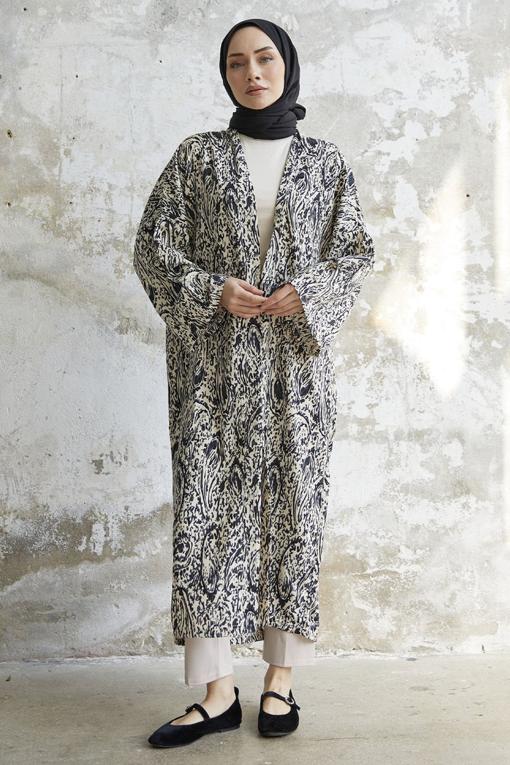 MDS Women Spiral Patterned Long Kimono - Black - Witten