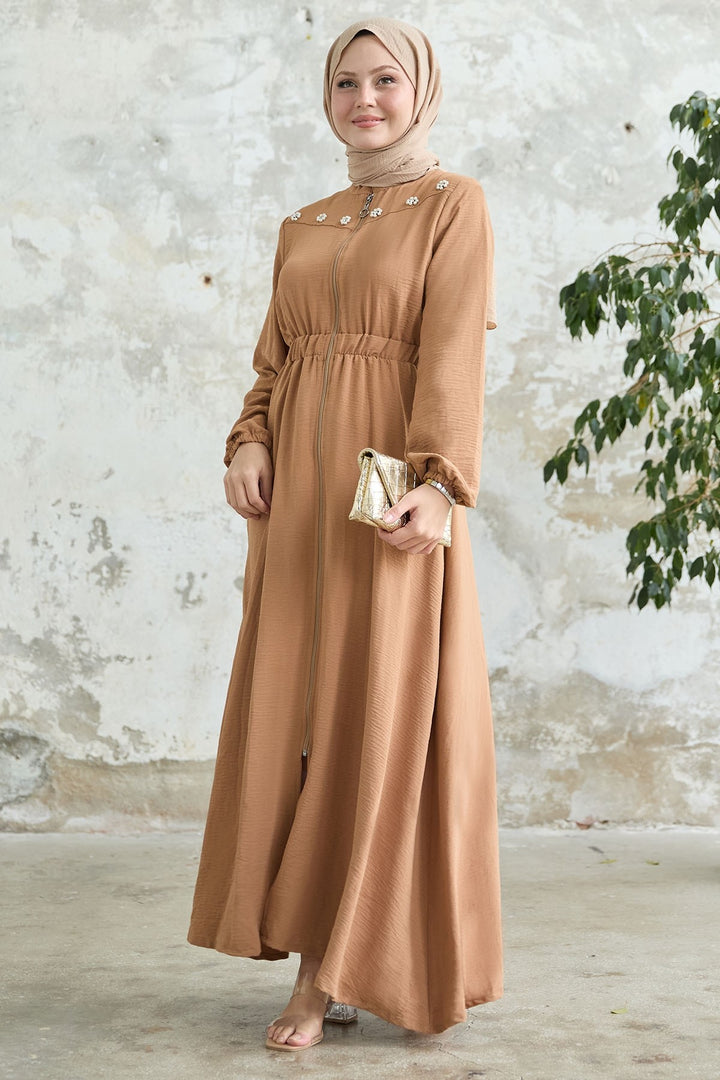 MDS Women Flower Pearl Embroidered Elastic Camel Ferace - Farmers Branch