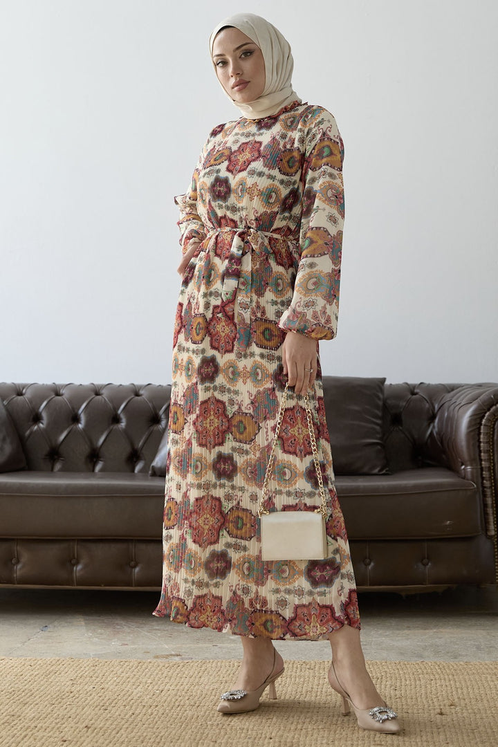 MDS Women Pleated Shawl Pattern Chiffon Dress - Red - Phenix City
