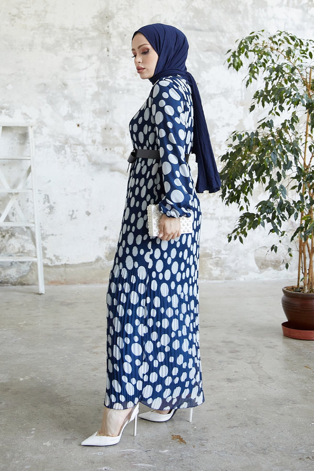 MDS Women Mariya Polka Dot Pattern Chiffon Dress - Navy Blue - Hempfield