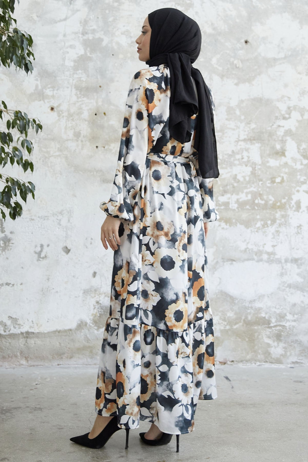 MDS Women Floral Satin Dress with Buttoned Front - Black - Croydon