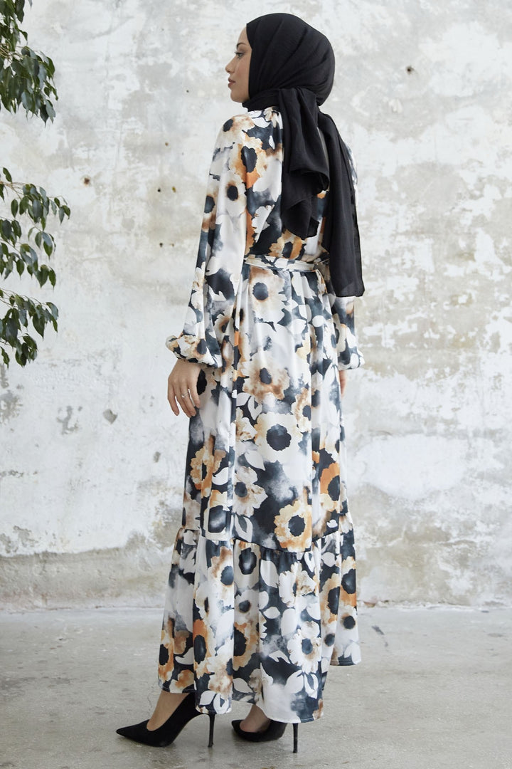 MDS Women Floral Satin Dress with Buttoned Front - Black - Croydon