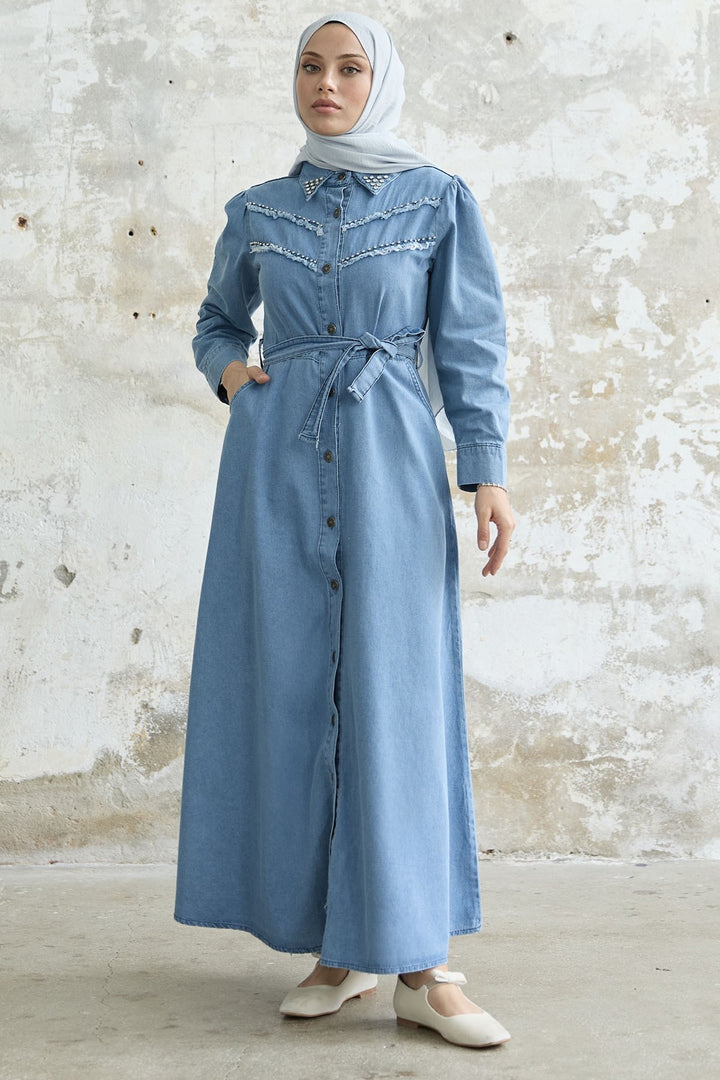 MDS Women Tasseled Beaded Denim Dress - Blue - Queen Creek