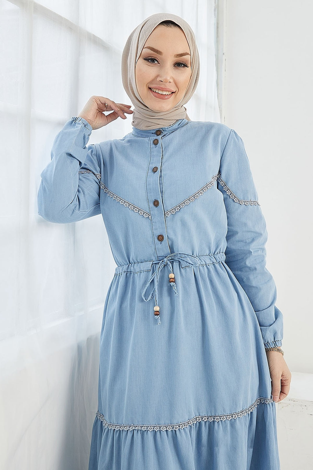 MDS Women Kayla Lace Detail Denim Dress - Light Blue - Mitcham