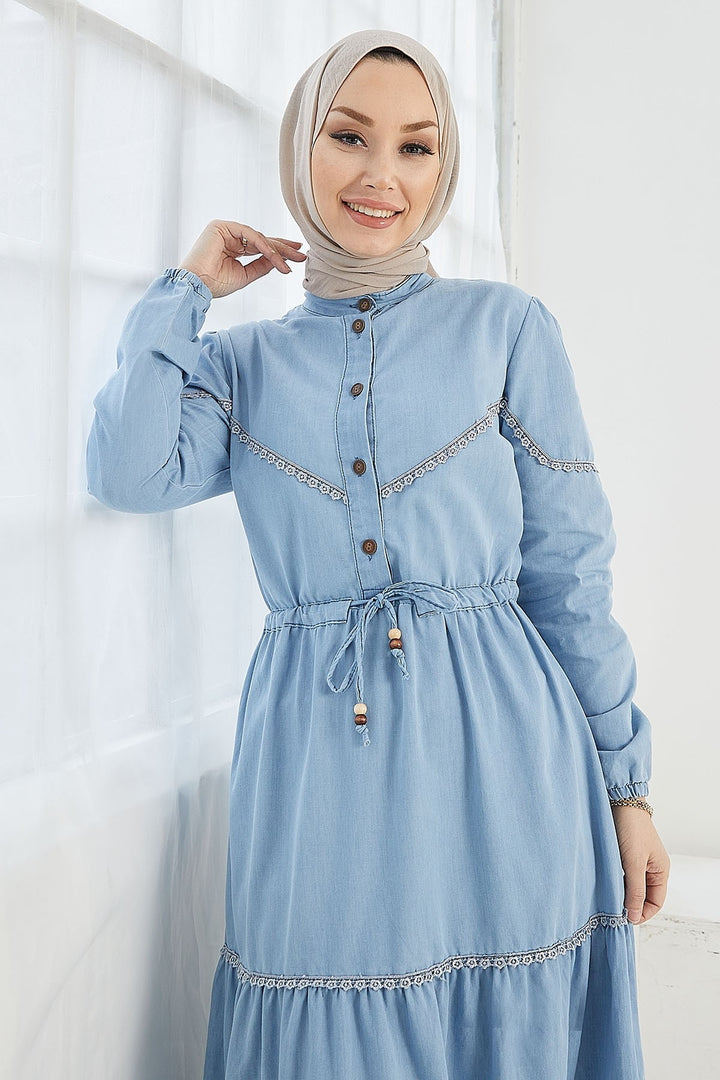 MDS Women Kayla Lace Detail Denim Dress - Light Blue - Mitcham
