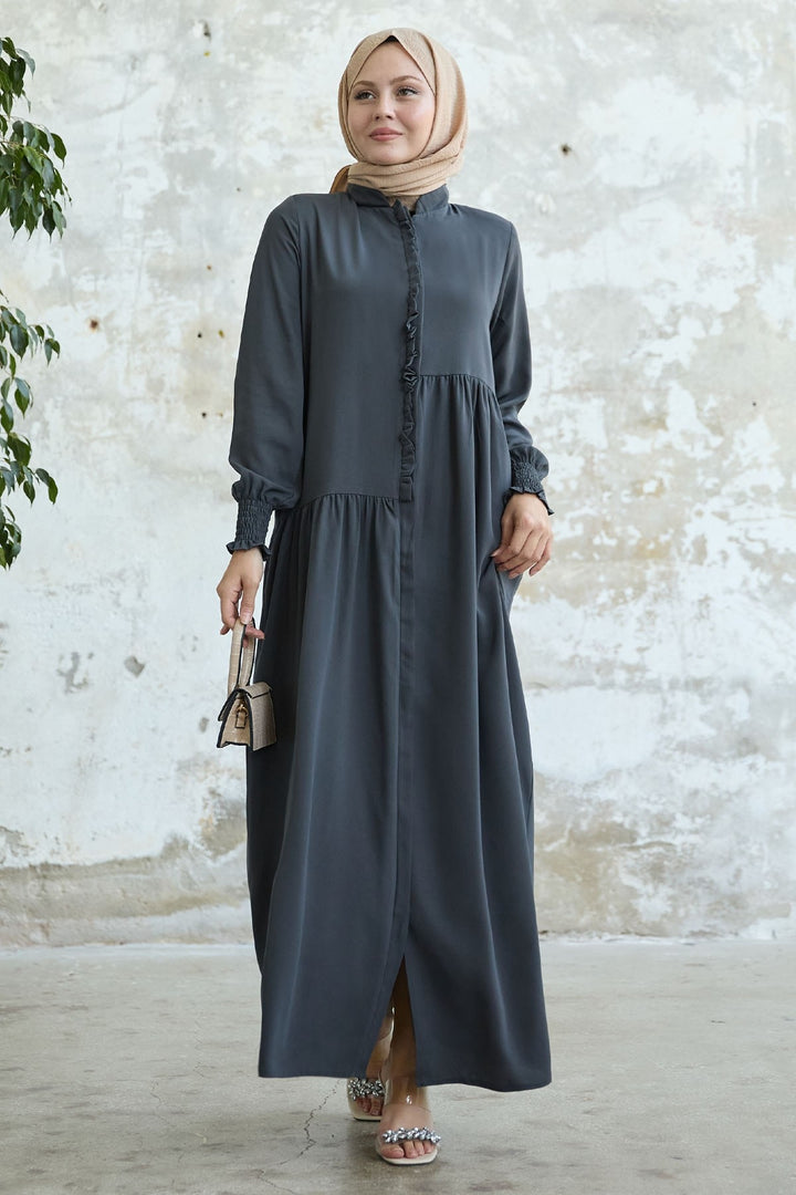 MDS Women Frilled Flounce Asymmetric Cut Anthracite Abaya - Silves
