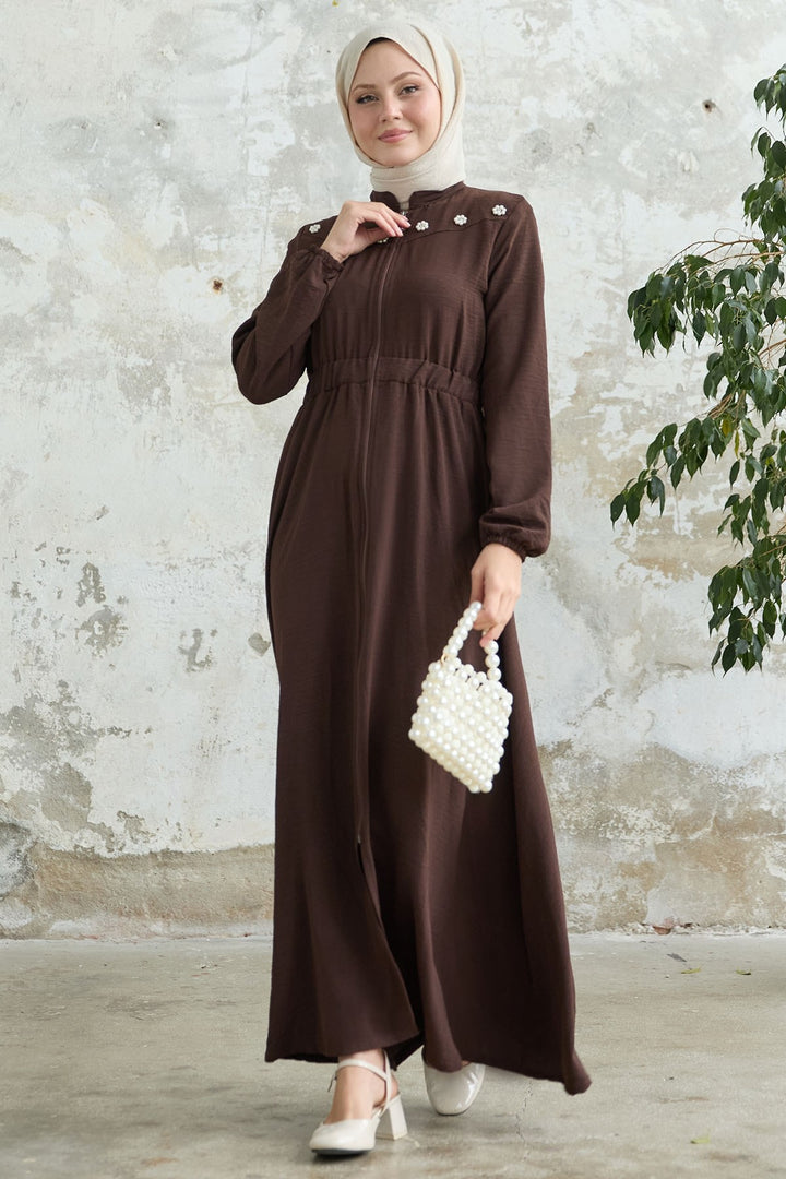 MDS Women Flower Pearl Embroidered Elastic Dark Brown Abaya - Alcira