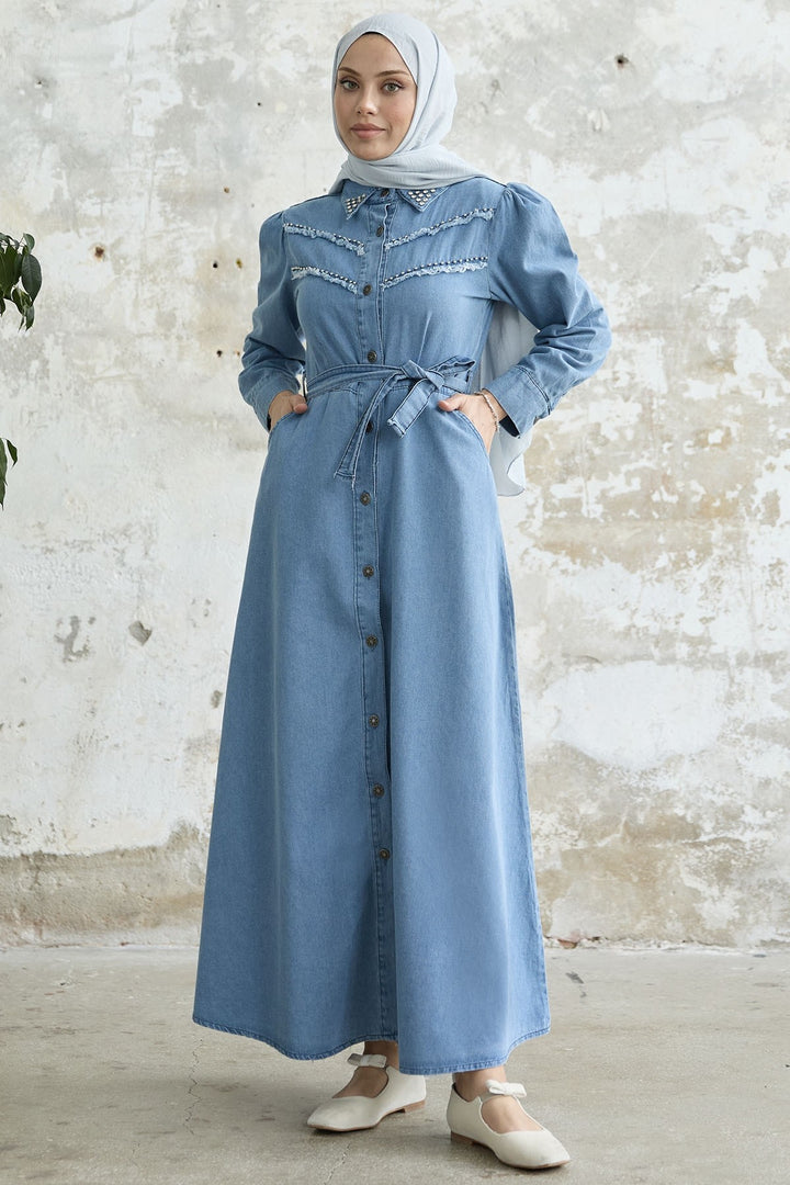 MDS Women Tasseled Beaded Denim Dress - Blue - Queen Creek