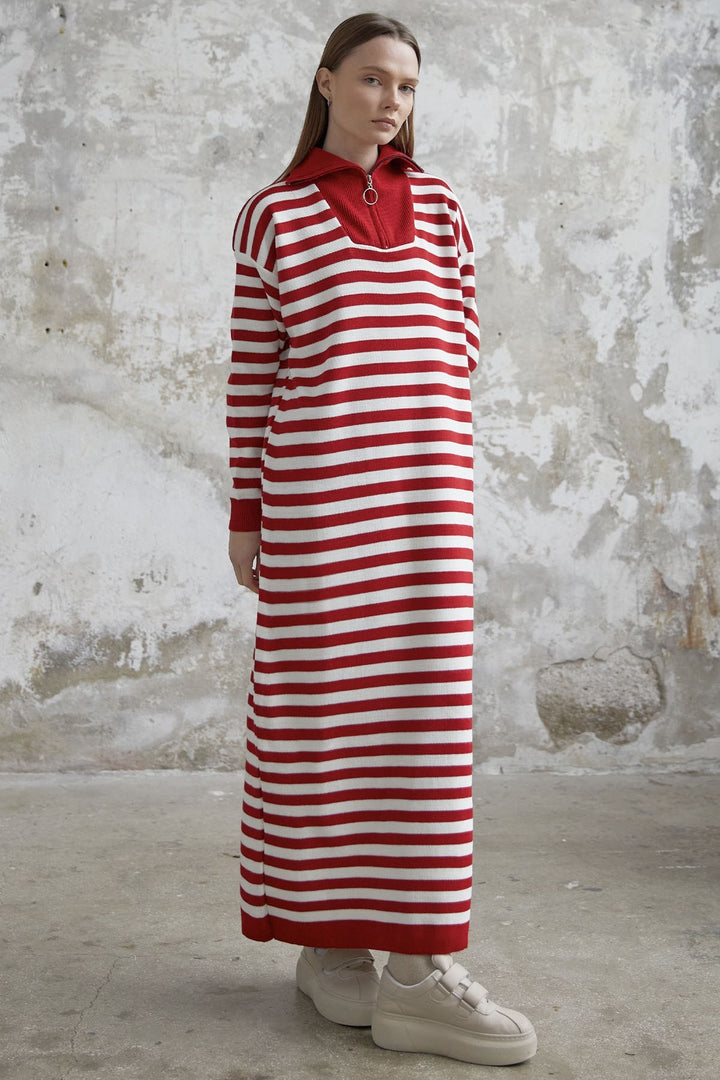 MDS Women Striped Knit Dress with Zippered Neckline - Red - Bellevue