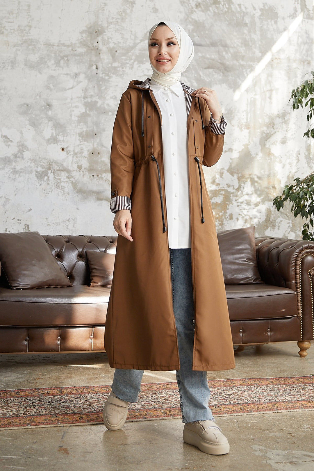 MDS Women Checked Striped Pattern Long Trench Coat - Tan - Messina