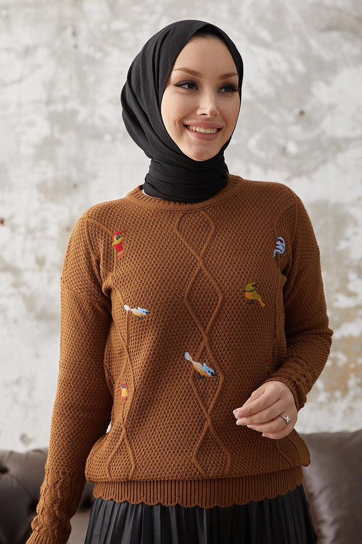MDS Women Minsa Bird Pattern Embroidered Sweater - Brown - Pärnu