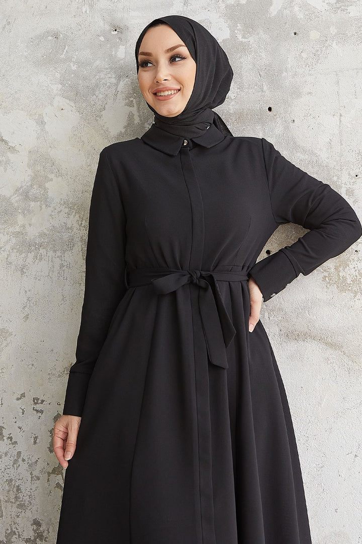 MDS Women Emery Belted Shirt Collar Abaya - Black - Chino Hills