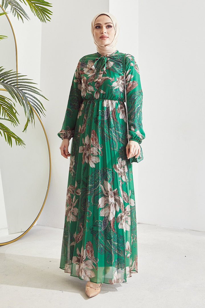 MDS Women Serena Flower Pattern Pleated Chiffon Dress - Emerald Green - Palencia