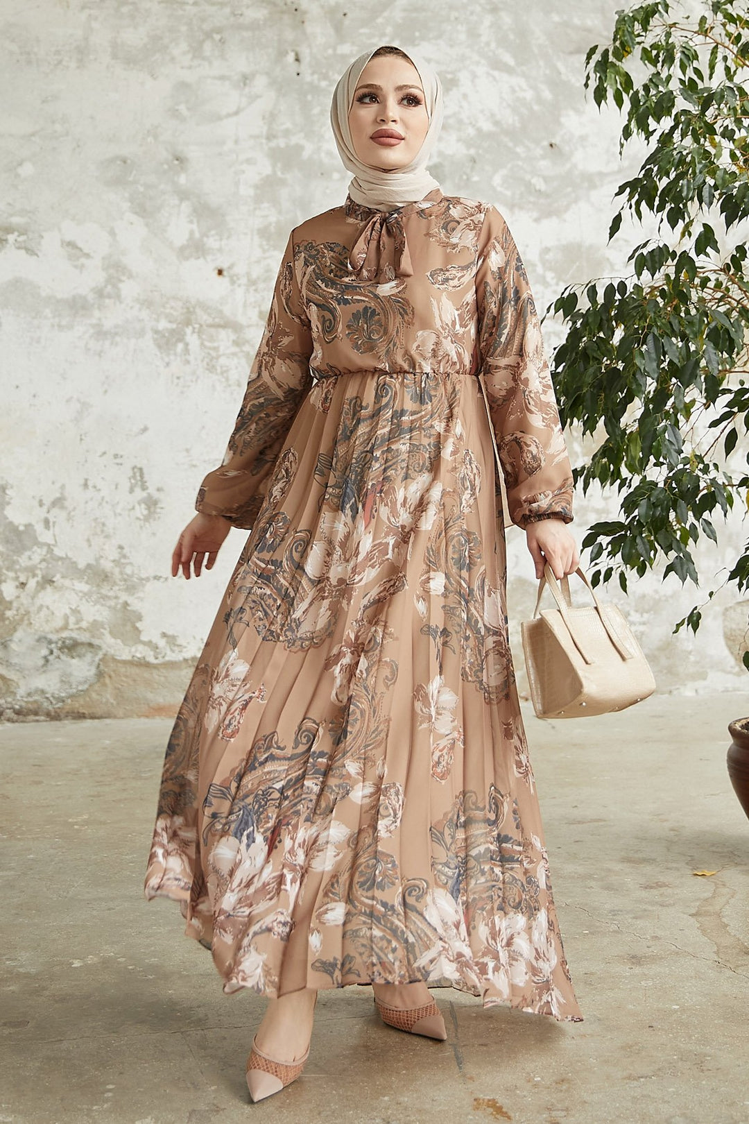 MDS Women Serena Flower Patterned Pleated Chiffon Dress - Brown - Ancona