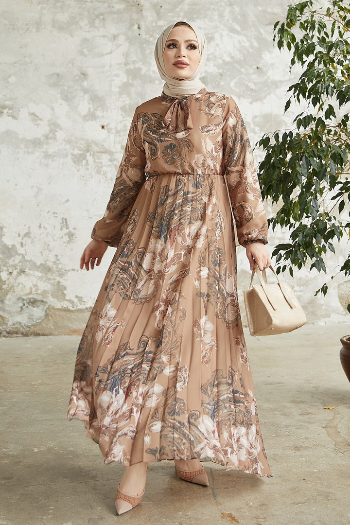 MDS Women Serena Flower Patterned Pleated Chiffon Dress - Brown - Ancona