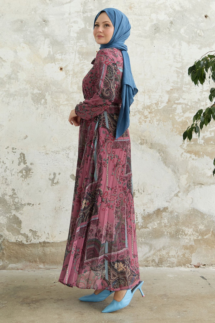 MDS Women Viera Shawl Patterned Collar Belted Chiffon Dress - Rose Pink - Sutton