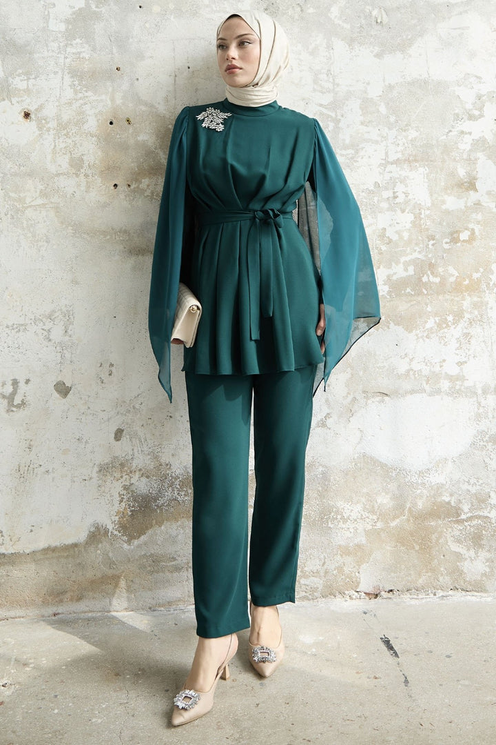MDS Women Stone-Accented Arm Tulle Crepe Emerald Green Set - Motril