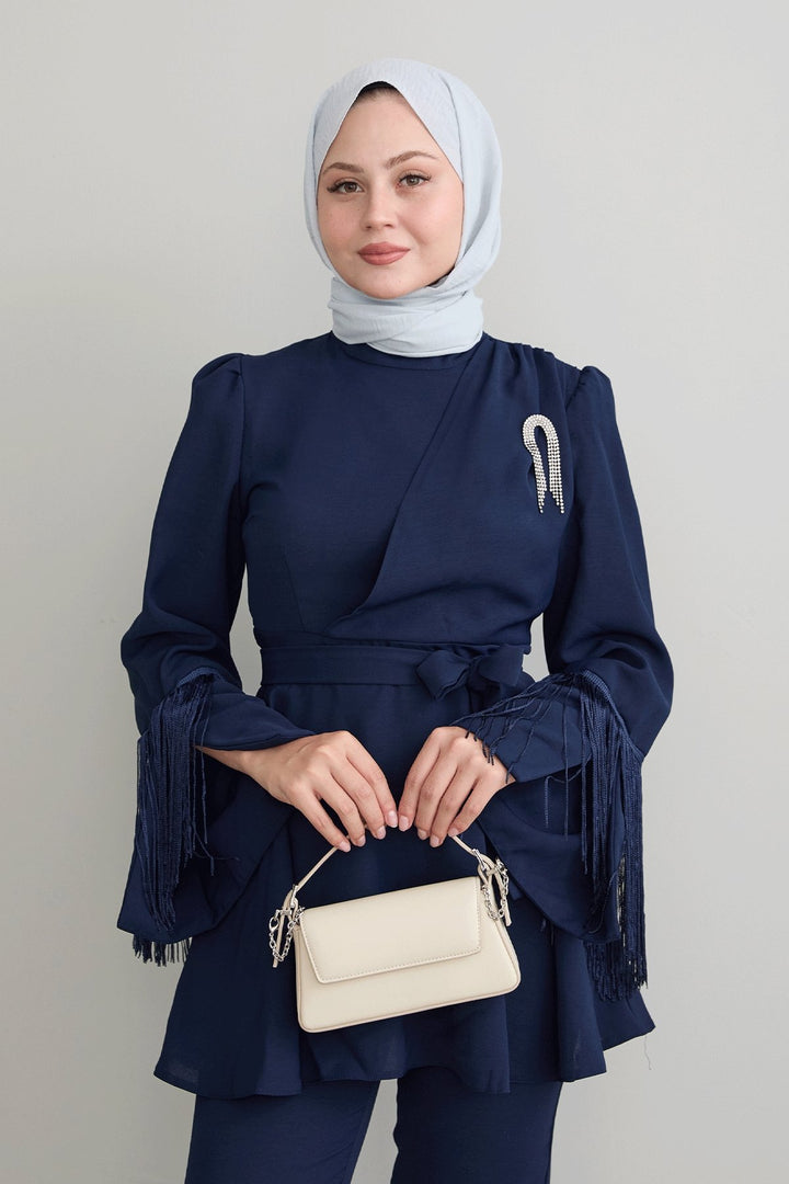 MDS Women Tasseled Sleeve Stone Crepe Navy Suit - Union City