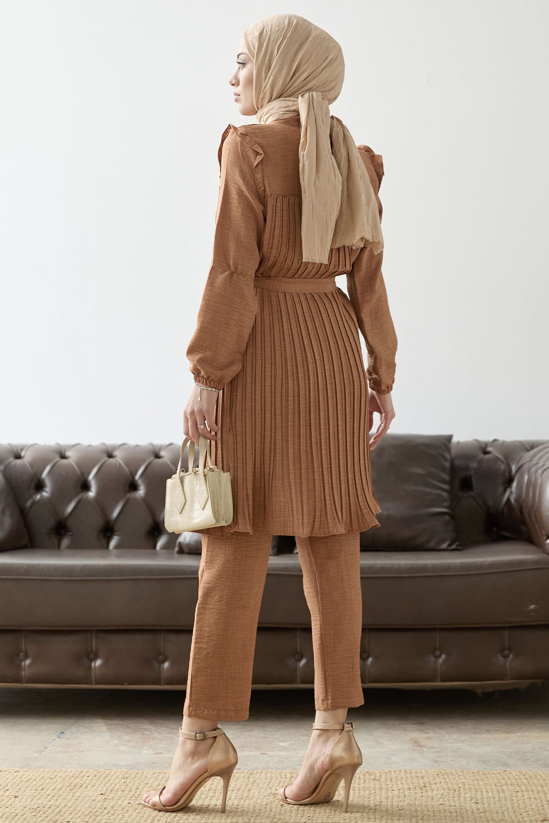 MDS Women Front Pleated Ruffle Detail Set - Camel - St. Cloud